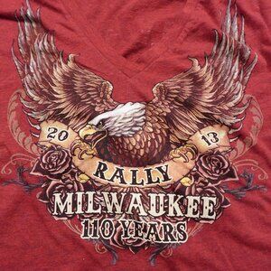 Hot Leathers 2013 Milwaukee rally 110 years v neck shirt women's 2XL red biker‎